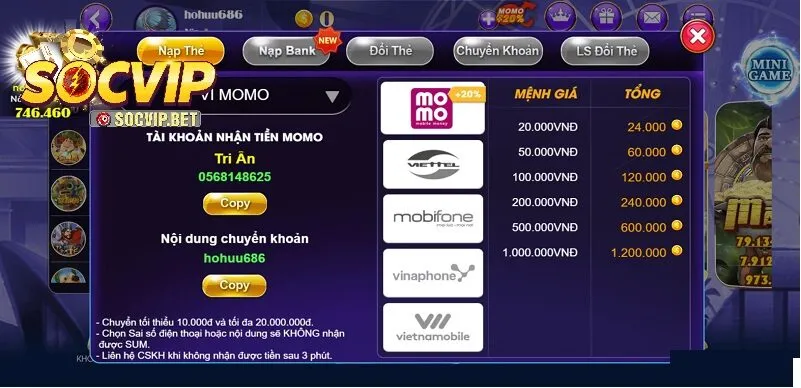 Các phương thức nạp tiền SOCVIP